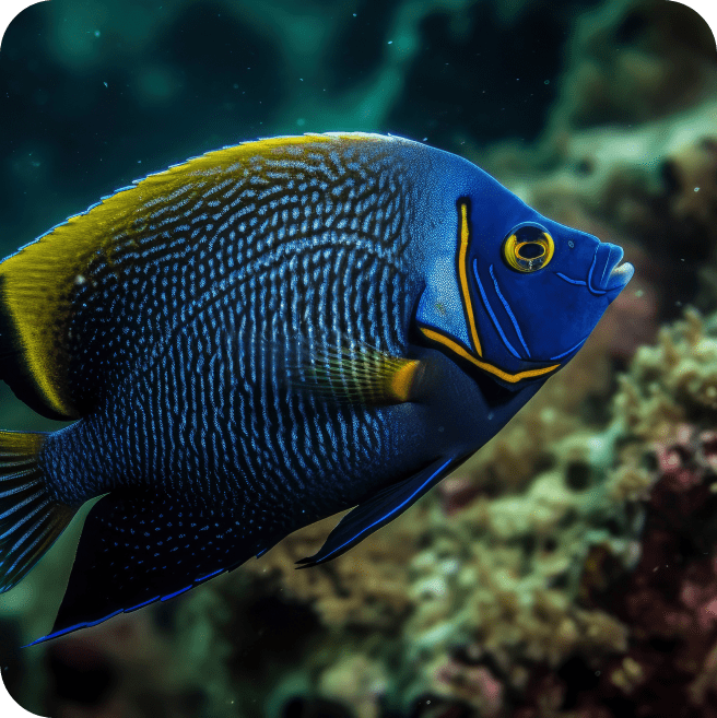 Um peixe azul e amarelo nadando em no oceano