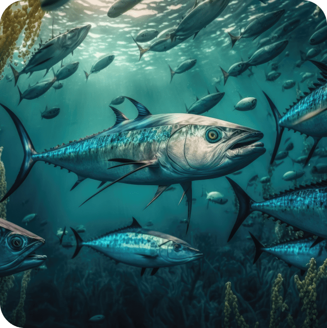 Um grande grupo de peixes nadando no oceano