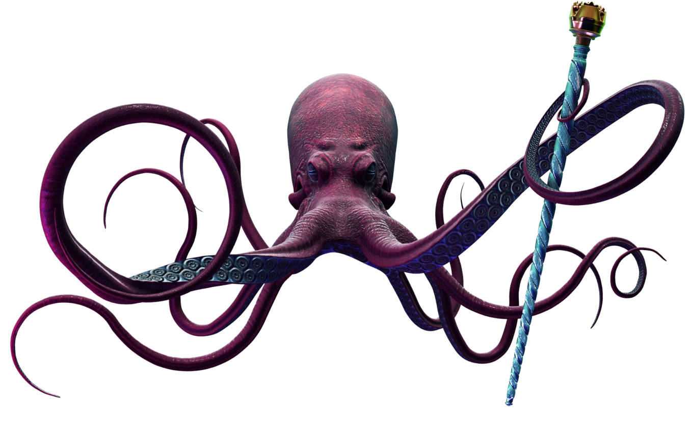 Uma imagem gerada por computador de um polvo com longos tentáculos segurando uma vara longa