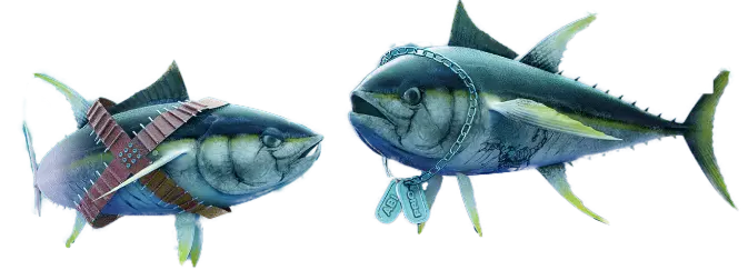 Uma imagem gerada por computador de dois peixes verdes e azuis