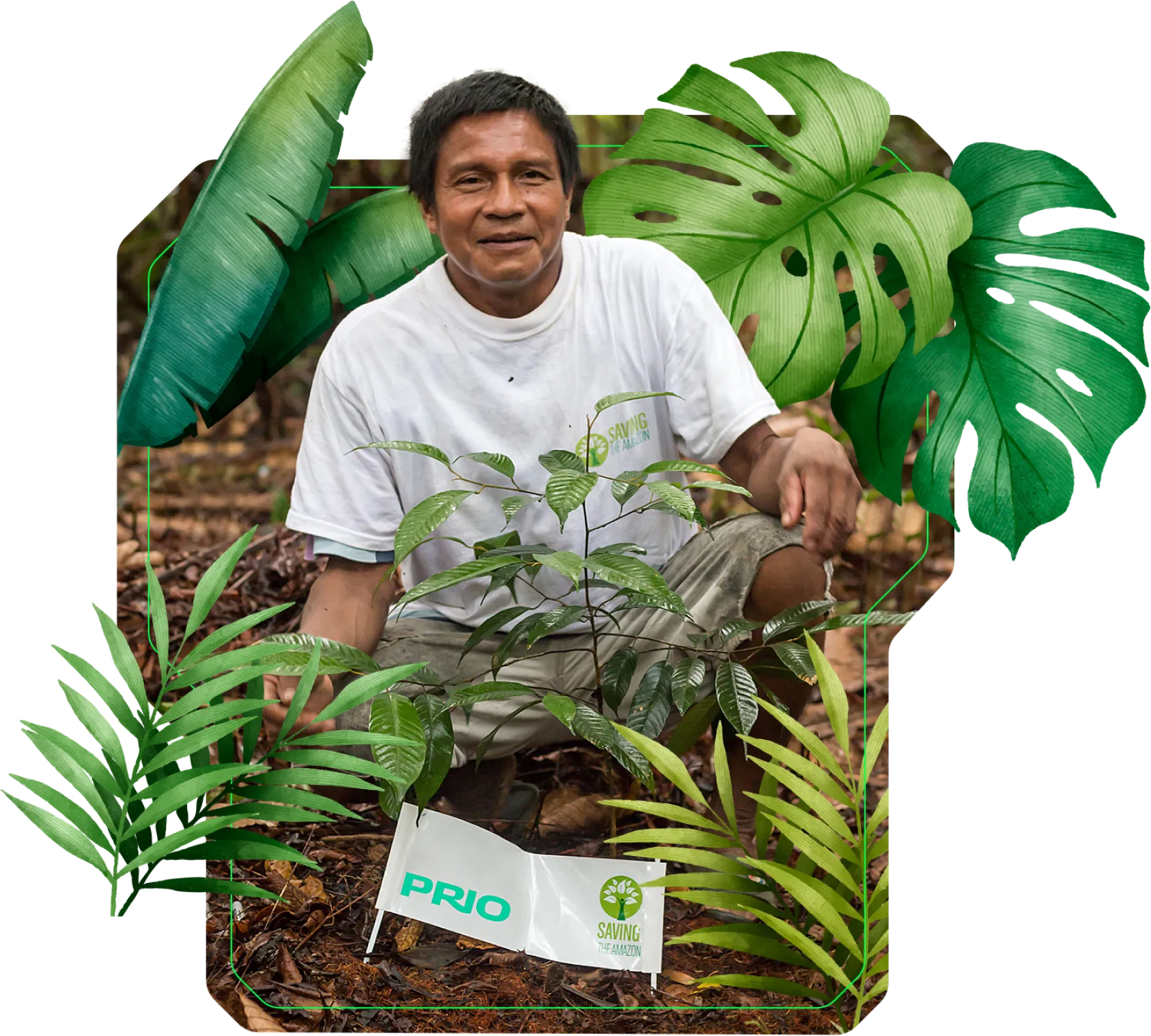 Um homem índio ajoelhado ao lado de uma planta verde