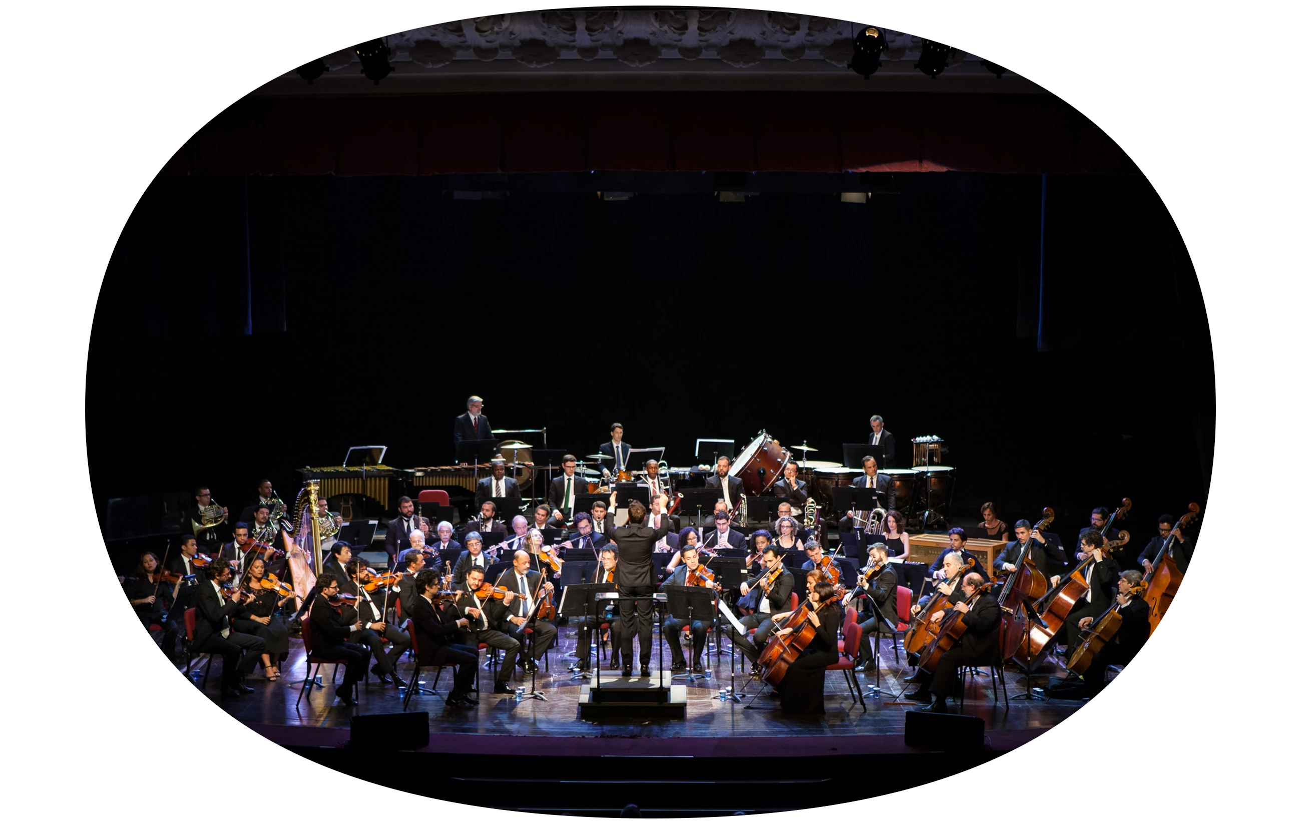 Imagem de uma orquestra tocando para uma plateia