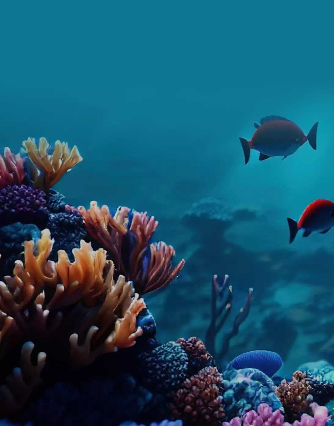 Imagem gerada por computador do fundo do mar com peixes nadando