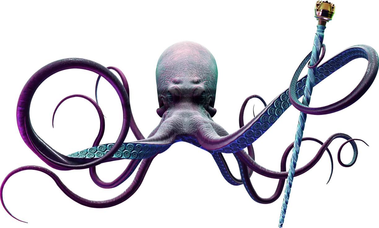Um polvo segurando um cajado em seus tentáculos