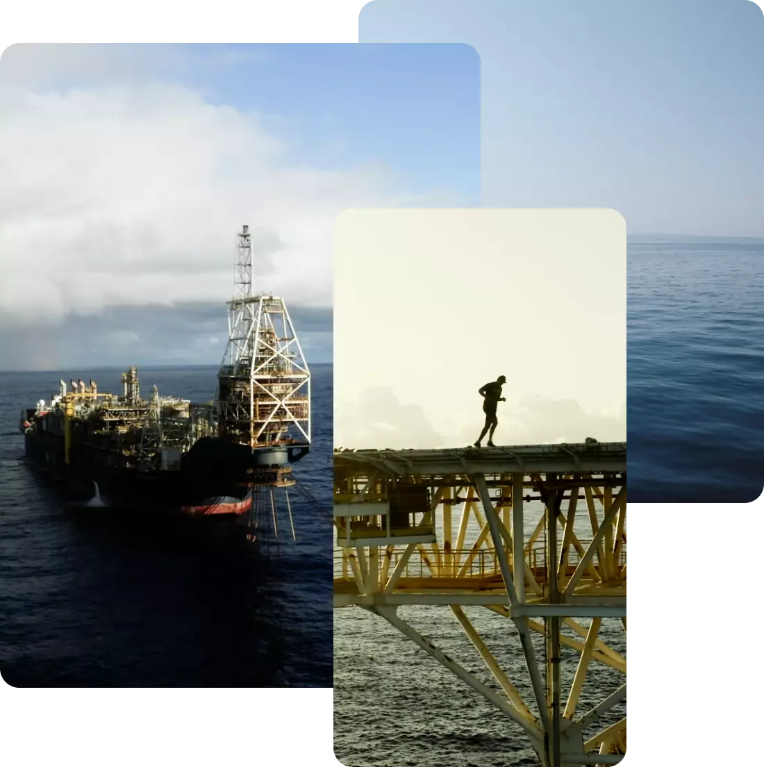 Compilado de três fotos de uma plataforma de petróleo da PRIO