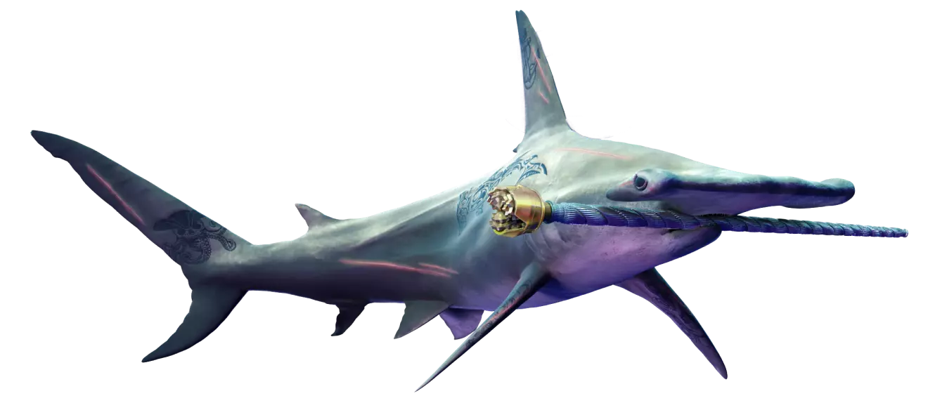 Uma imagem gerada por computador de um tubarão martelo verde e roxo
