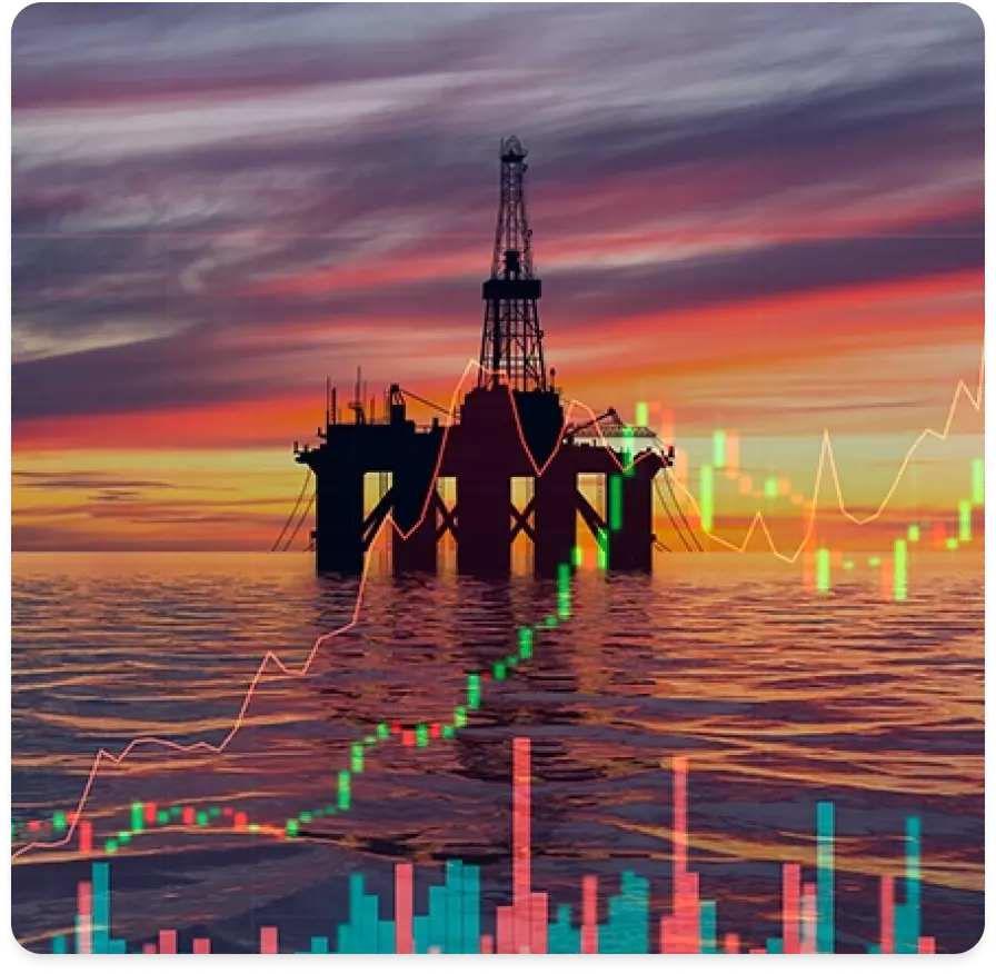 Uma plataforma de petróleo no meio do oceano com ilustrações de gráficos na frente